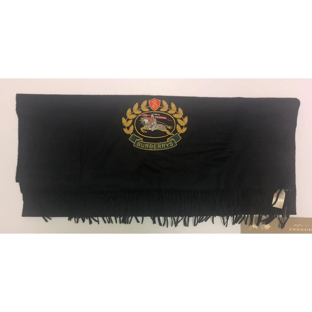 Burberry Scarf‎ Black Stole Embroidered Crest 100% Cashmere Scotland 87x27